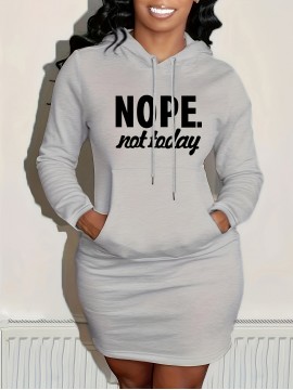 Nope Not Today Print Hooded Dress, Casual Drawstring Long Sleeve Dress, Women's Clothing