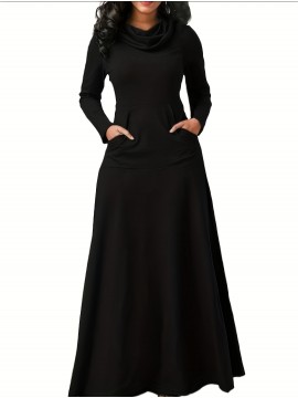 Pile Collar Pocket Front Dress, Elegant Long Sleeve Maxi Dress, Women's Clothing