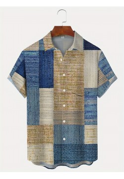 Retro Geometric Pattern Men's Casual Short Sleeve Lapel Shirt for Summer Outdoor - Retro Carpet Texture