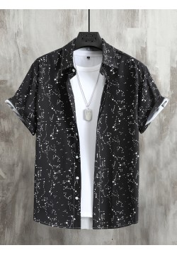 Constellation Style Pattern Men's Casual Short Sleeve Button Up Shirt, Summer Holiday