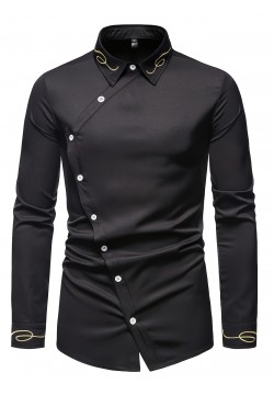 Embroidery Design Men's Stylish Asymmetrical Slim Long Sleeve Single Breast Shirt With Button, Banquet Wedding