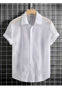 Men's Solid Hollow Out Lapel Short Sleeve Button Up Shirt For Summer Beach Party, Vacation