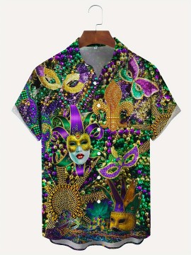 Mardi Gras Themed Novelty Pattern Men's Fashion Short Sleeve Lapel Shirt, Summer Party Dress, Gift For Men