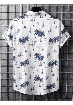 Men's Hawaiian Shirt - Coconut Tree Sailboat Print, Trendy & Comfy Short Sleeve Button Up for Summer Beach Vacations