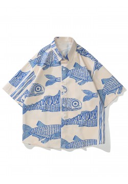 Retro Fish Pattern Men's Short Sleeve Lapel Shirt, Men's Casual Button Up Shirt For Summer Holiday