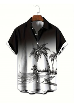 Anime Beach Pattern Men's Chic Gradient Short Sleeve Button Down Shirt, Summer Resort Vacation