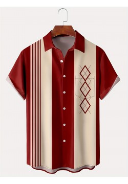Vintage Style Geometric Print Men's Casual Short Sleeve Shirt - Perfect for Summer Vacation and Resort - Great Gift for Men