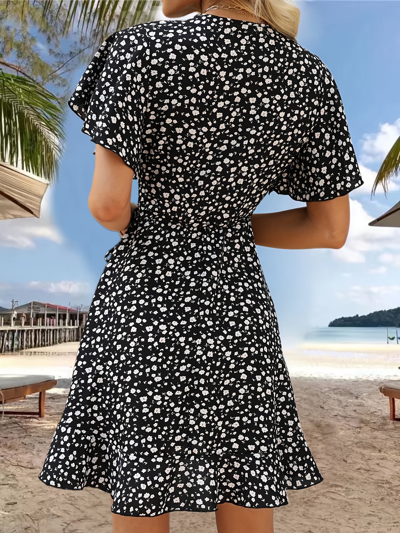 floral print ruffle hem wrap dress sexy short sleeve v neck dress for spring summer womens clothing details 1