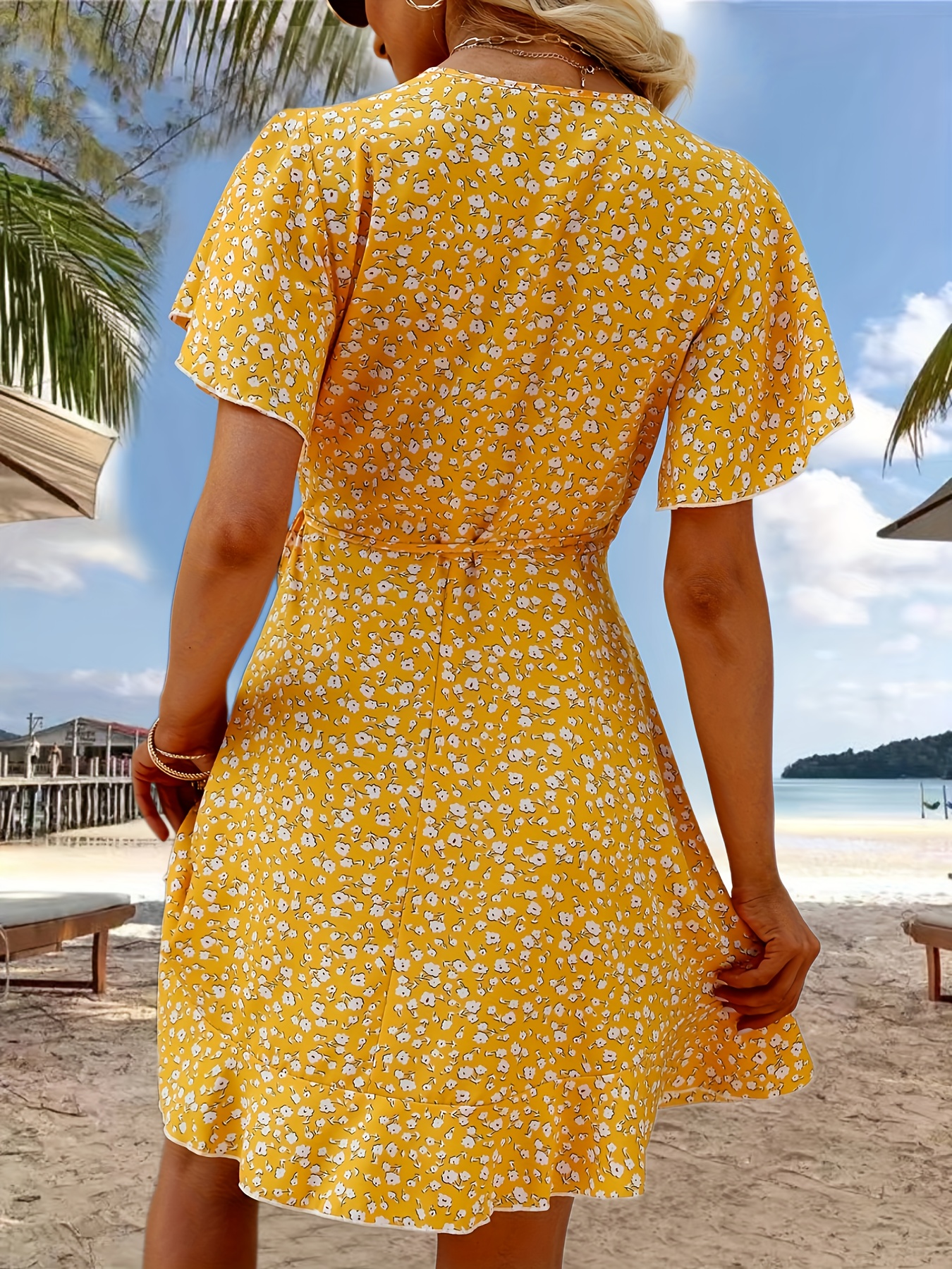 floral print ruffle hem wrap dress sexy short sleeve v neck dress for spring summer womens clothing details 10