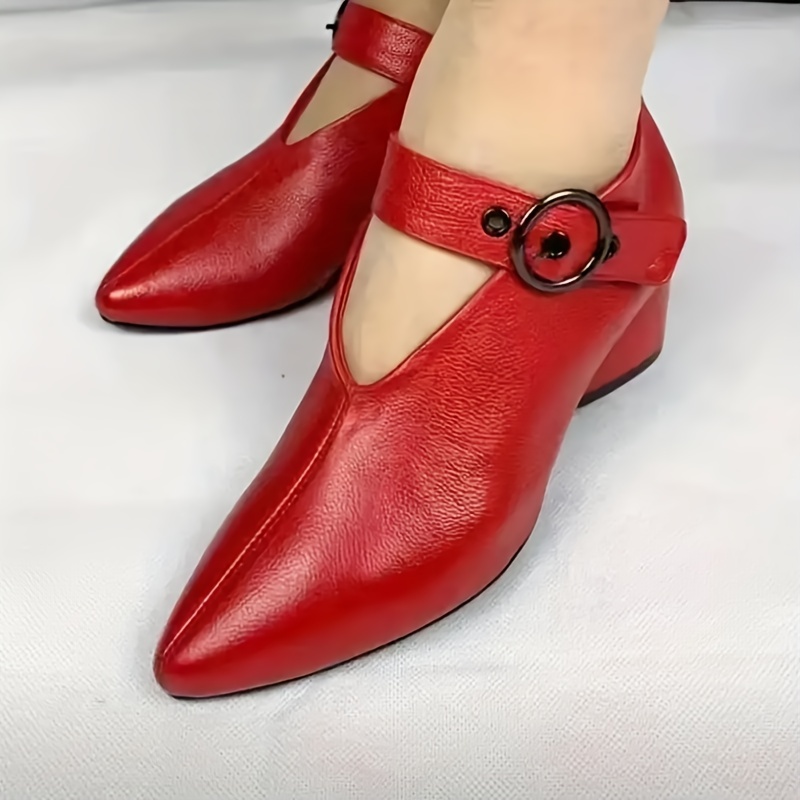 womens solid color shoes point toe ankle buckle decor block heel chelsea outdoor comfy shoes versatile dance shoes details 4