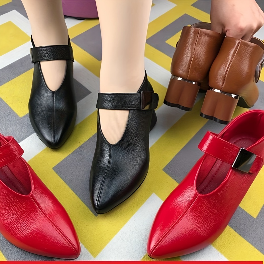 womens solid color shoes point toe ankle buckle decor block heel chelsea outdoor comfy shoes versatile dance shoes details 5